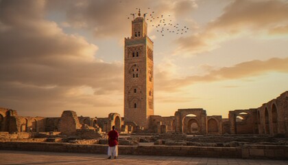 A man in traditional Moroccan attire stands before the historic Hassan Tower in Rabat at sunset, with a flock of birds circling above against a warm, dramatic sky. © Varos