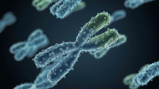 Chromosomes, The Blueprint of Life: A close-up, detailed 3D rendering of human chromosomes, showcasing their intricate structure and highlighting their fundamental role in genetics and heredity.