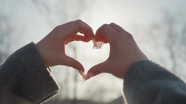 Sunlit hands forming love shape. Soft focus captures heartfelt affection with luminous gentle glow. Gentle hands creating romantic heart shape illuminated by warm sunlight and soft shadows
