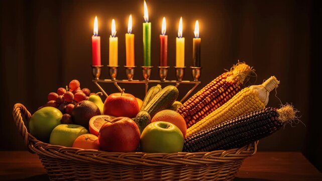 Harvest Celebration: A bountiful basket overflowing with fresh fruits and vegetables, adorned with a lit menorah, symbolizes abundance and the spirit of harvest and thanksgiving.