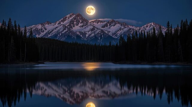 Majestic Moonlit Mountains and Lake: A full moon shines brightly over snow-capped mountains, its reflection shimmering on the calm, dark surface of a pristine lake, surrounded by a dense forest.