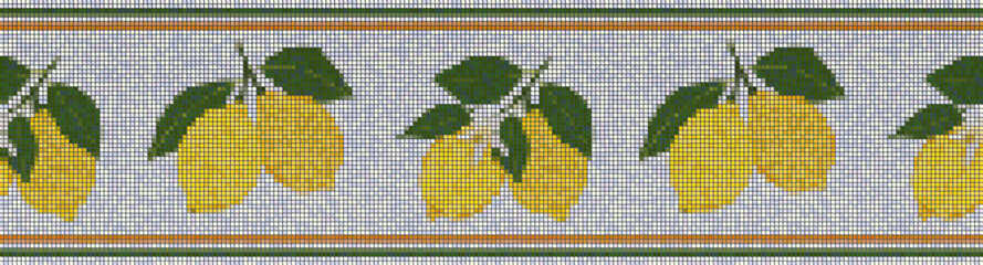 Fototapeta premium Mediterranean lemon mosaic border seamless pattern vector. Greek style tile mosaic ornament with yellow citrus fruit branch for summer wedding design layout.