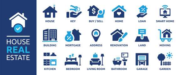 Obraz na płótnie Canvas Collection of real estate icons representing various aspects of property buying, selling, and management, including houses, loans, and smart home technology