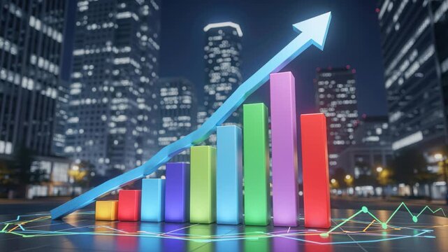 Financial Growth Chart: A vibrant bar graph with an upward-trending arrow showcases financial growth against a backdrop of a modern city skyline at night.