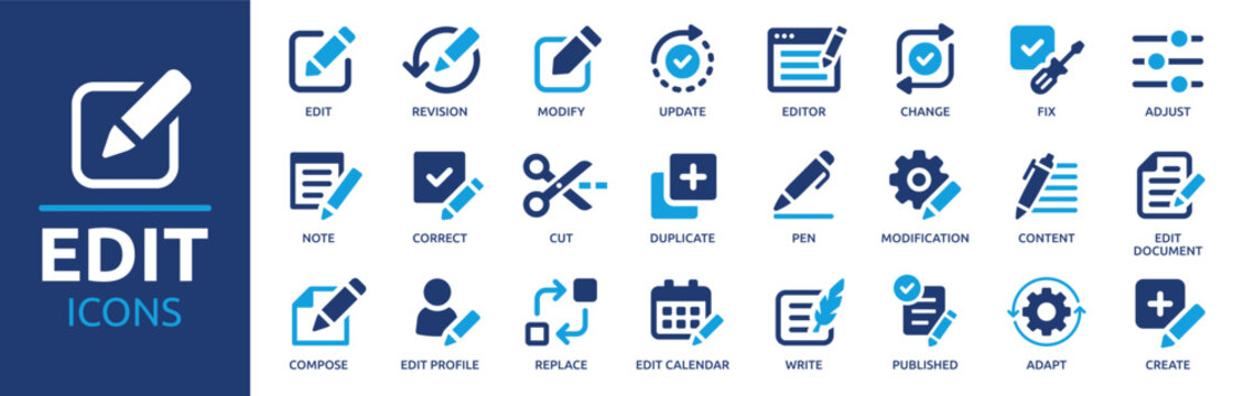 Professional set of blue linear editing and modification icons for user interface design featuring writing, revising, and content management tools