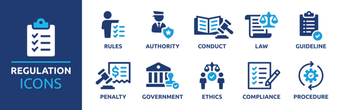 Collection of regulation icons representing different aspects of law, government, and compliance, featuring symbols for rules, authority, conduct, and penalties