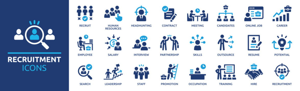 Recruitment and hiring process icons illustrating human resources, job search, interviews, teamwork, and career development for business