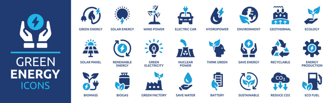 Eco-friendly green energy icons representing renewable sources like solar, wind, and water, along with sustainable practices and electric vehicles
