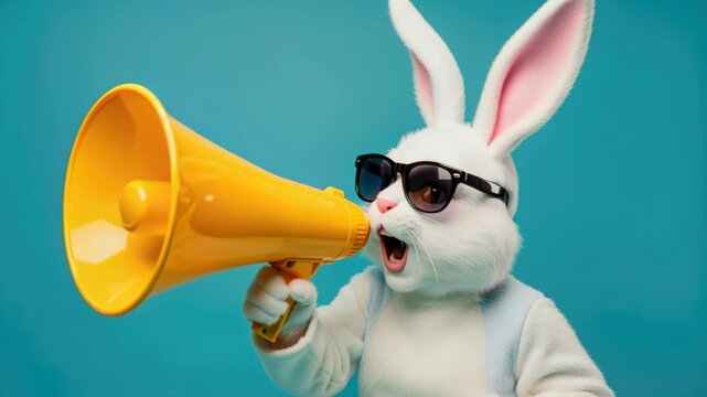 Hip Hop Easter Bunny: A cool Easter Bunny wearing sunglasses, holding a yellow megaphone, and dressed in overalls, announces something with excitement on a vibrant turquoise background.