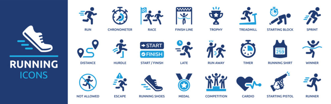 Collection of running icons featuring athletes, equipment, and achievements in various sports and fitness activities, perfect for health and wellness themes