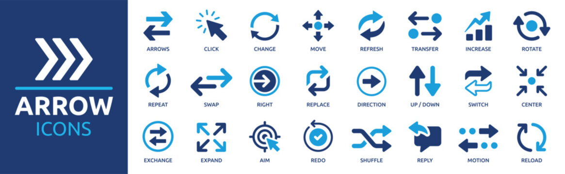 Collection of arrow icons representing different directions, movements, and processes, perfect for user interfaces, infographics, and web design
