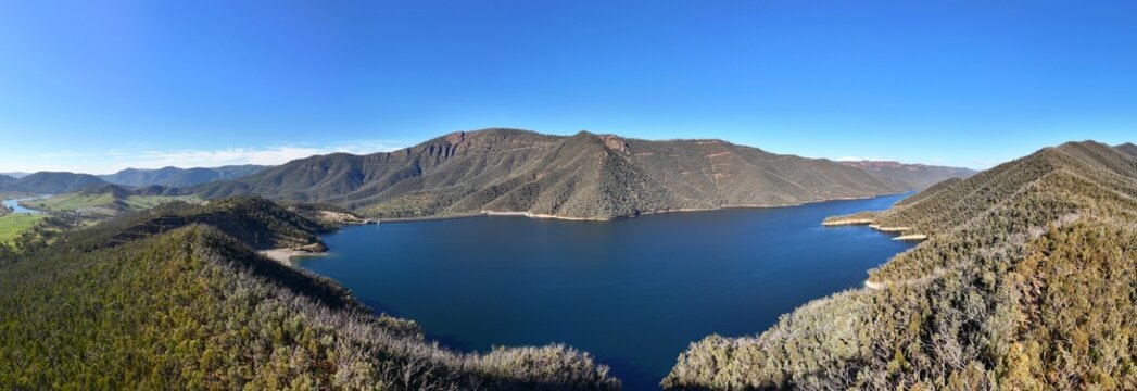 Spectacular aerial panorama of Talbingo Dam NSW Australia