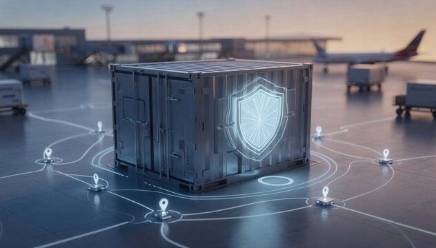 Isometric 3D medium shot of a protected cargo container with a radiant shield symbol emphasizing tracking nodes and transit pathways within a subtle airport network scene bathed in