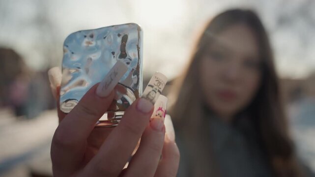 Woman taking selfie with pretty embellished nails and reflective phone case in soft backlight, shallow depth of field and urban park background, confident expression and casual winter coat,