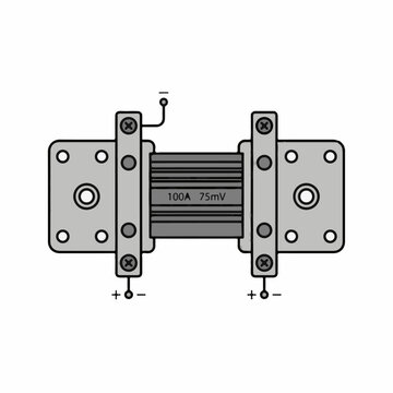 Electrical current shunt resistor component with 100A 75mV rating shown in a flat technical vector illustration style on a white background