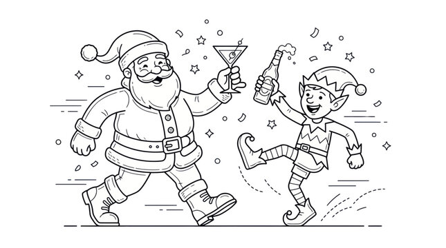 Santa Claus and Elf Celebrating with Drinks, Festive Holiday Party Line Art