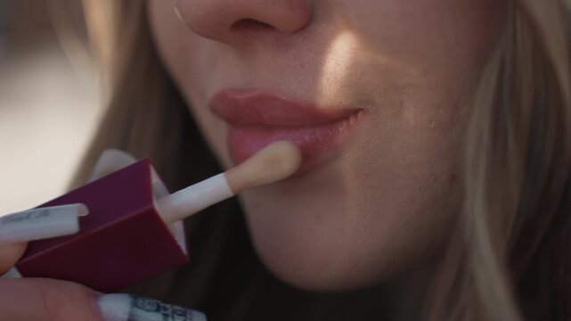 Pretty white woman applying lip gloss in outdoor soft light, closeup of lips and applicator, gentle brush strokes, warm shadows on cheek, natural makeup routine with subtle smile and dewy finish