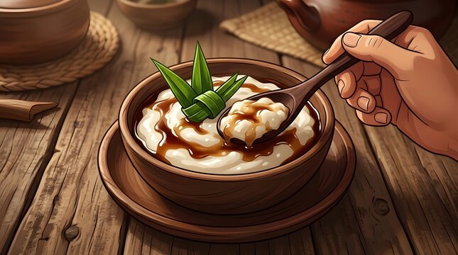Bubur Sumsum rice porridge in a wooden bowl with palm sugar syrup and pandan leaf garnish on a rustic table.
