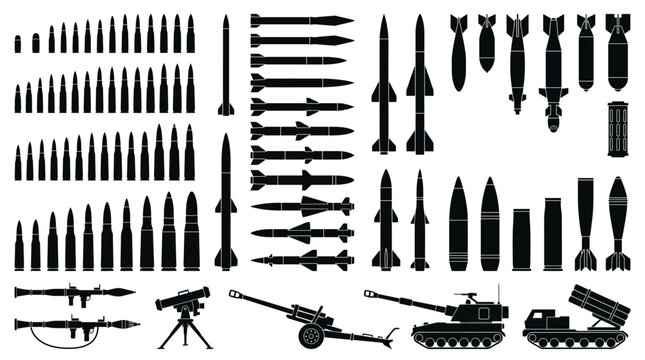 Black military ammunition silhouette icon set, army bullets, missiles, aerial bombs, armored tank, and artillery weapons vector collection isolated.