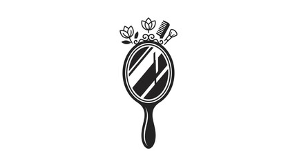 Black and white illustration of a handheld mirror with makeup brushes and flowers on a plain white background. © ahmad