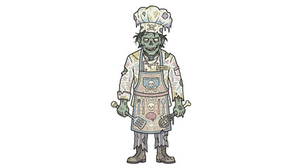 A green-skinned zombie wearing a chef's hat and apron stands against a plain white background with a playful and eerie mood. © ahmad