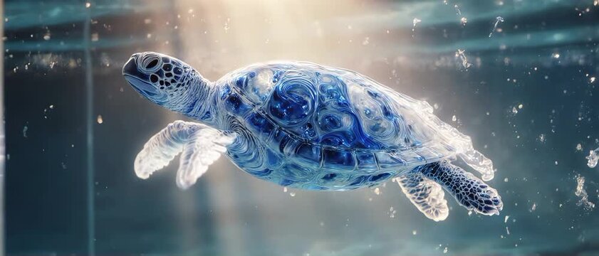 Pearlescent Liquid Fluid Sea Turtle Swimming in Sapphire Blue Resin