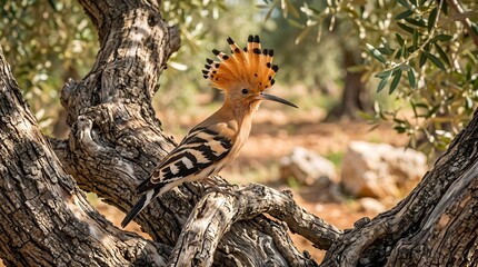 Beautiful hoopoe bird with crest on old olive tree branch © Ruslan Abdullin
