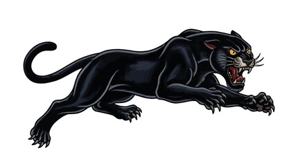 Aggressive Black Panther Roaring, Dynamic Pose, Tattoo Style Illustration © Dzakil