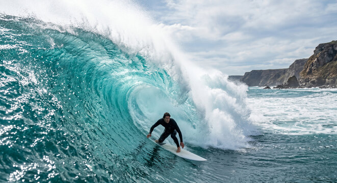 Surfer conquering massive powerful ocean wave in extreme challenge.