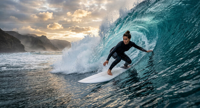 Surfer conquering massive powerful ocean wave in extreme challenge.