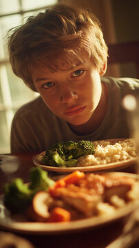 teen child looking skeptically at healthy dinner plate in warm home light concept of picky eating nutrition parenting and family mealtime challenges