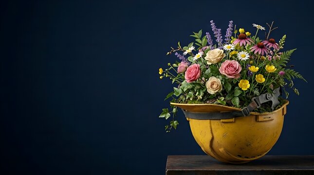 Yellow Safety Helmet with Abundant Flowers &ndash; Industrial Nature Fusion Concept