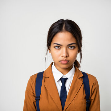 portrait of a serious young diverse female student in a brown school uniform blazer facing academic pressure and educational challenges.