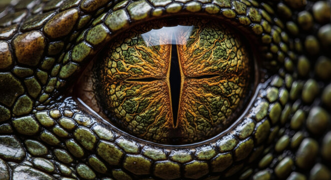 Reptile eye close up showing vibrant green and orange textured scales with a sharp vertical pupil in extreme macro detail