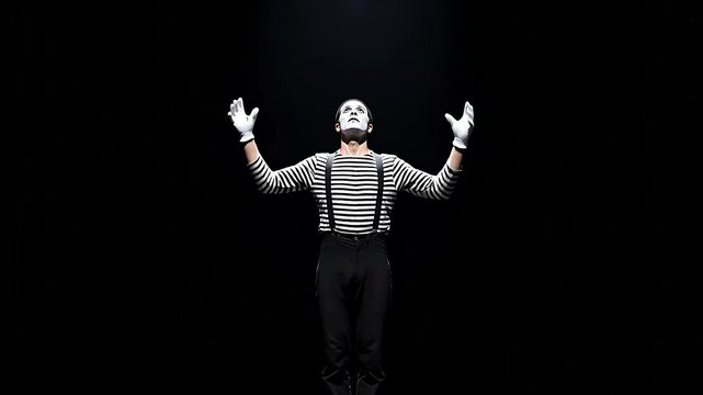 Mime artist performs dramatic gestures, expressive motion video clip
