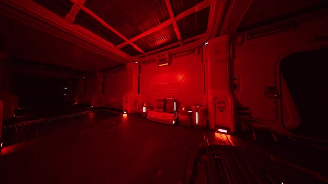 red cargo bay interior emergency lighting, ominous empty spacecraft hold under red alert, metal floor panels, storage containers and control consoles, pilot