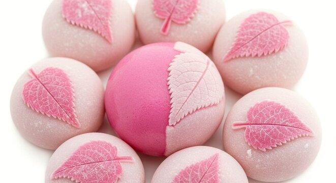 World cup soccer ball Delicate pink mochi desserts decorated with intricate pink leaf patterns arranged in a pleasing circular pattern on a white background