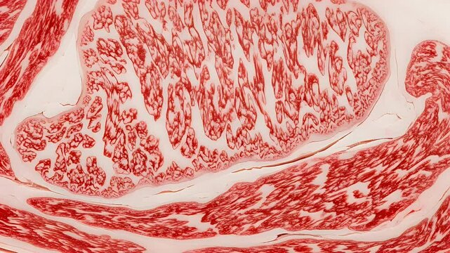 Close-up macro view of rich marbled beef showcasing intricate fat patterns and vibrant red meat textures for culinary appreciation.