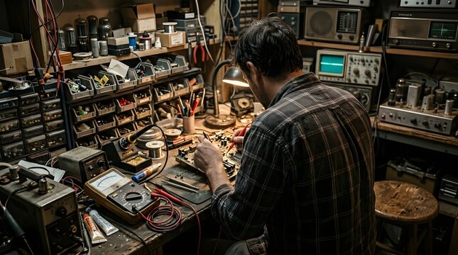 Electronics repair technician working on circuit board in cluttered workshop