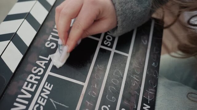 Young white woman wiping clapperboard outdoors, film student preparing slate, writing takes then erasing chalk, gentle hand movements, gray coat sleeves, soft natural light, closeup on universal