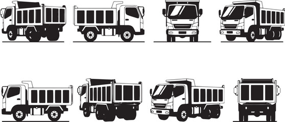 Black and White Dump Truck Multiple Views Outline Vector Set © RiaAugust