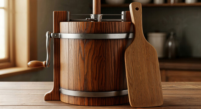 Wooden ice cream maker with paddle on kitchen table indoors  