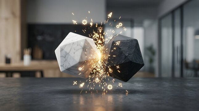 Two geometric stone shapes colliding with glowing business icons and sparks in modern office background, Generative AI