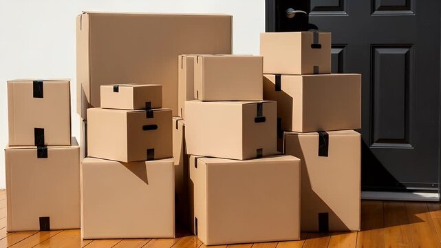 A stack of cardboard boxes is waiting outside the dark front door after a successful delivery for someone who is moving into a new home