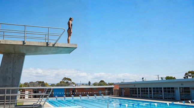 Young athlete preparing to dive from high platform into swimming pool  