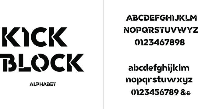 KICK BLOCK typeface display with bold geometric angular modular alphabet letters numbers font vector design