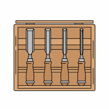 Set of four wood chisels with brown handles arranged in a wooden storage box shown in a flat vector illustration style on white background
