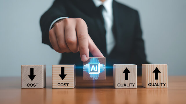Man in suit places A I chip cube between cost reduction and quality improvement blocks artificial intelligence