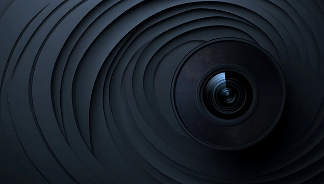 A dark and artistic representation of a camera lens surrounded by swirling, layered circular blades, creating a sense of depth and mechanical precision