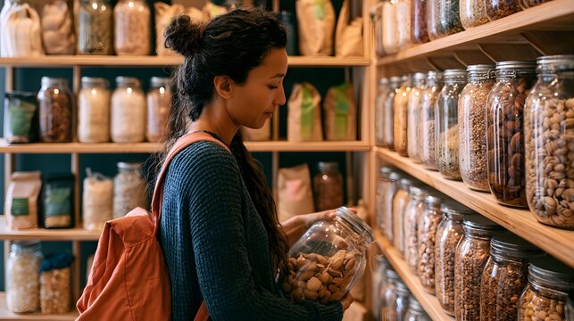 Woman shopping for bulk food in a zero waste store
